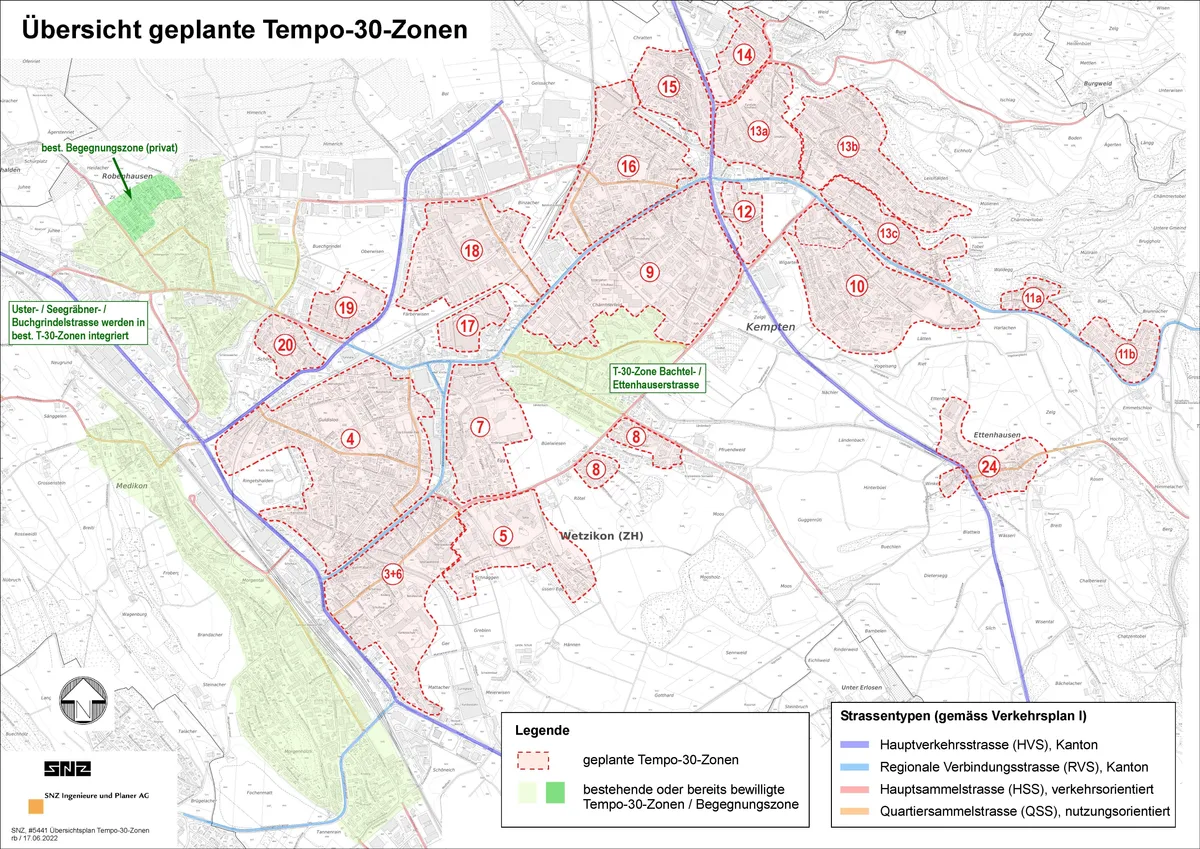 Die geplanten Tempo-30-Zonen in Wetzikon. Die geplanten Tempo-30-Zonen in Wetzikon.